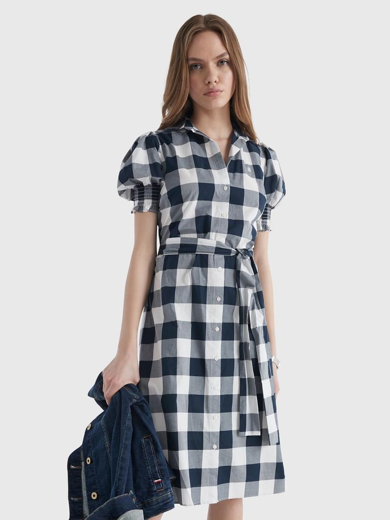 Női Tommy Hilfiger Gingham Print Shirtdress Dresses Kék Fehér | HU 94VRW